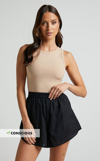 Cartia Short - Linen Look Elasticated Curved Hem Soft Shorts in Black