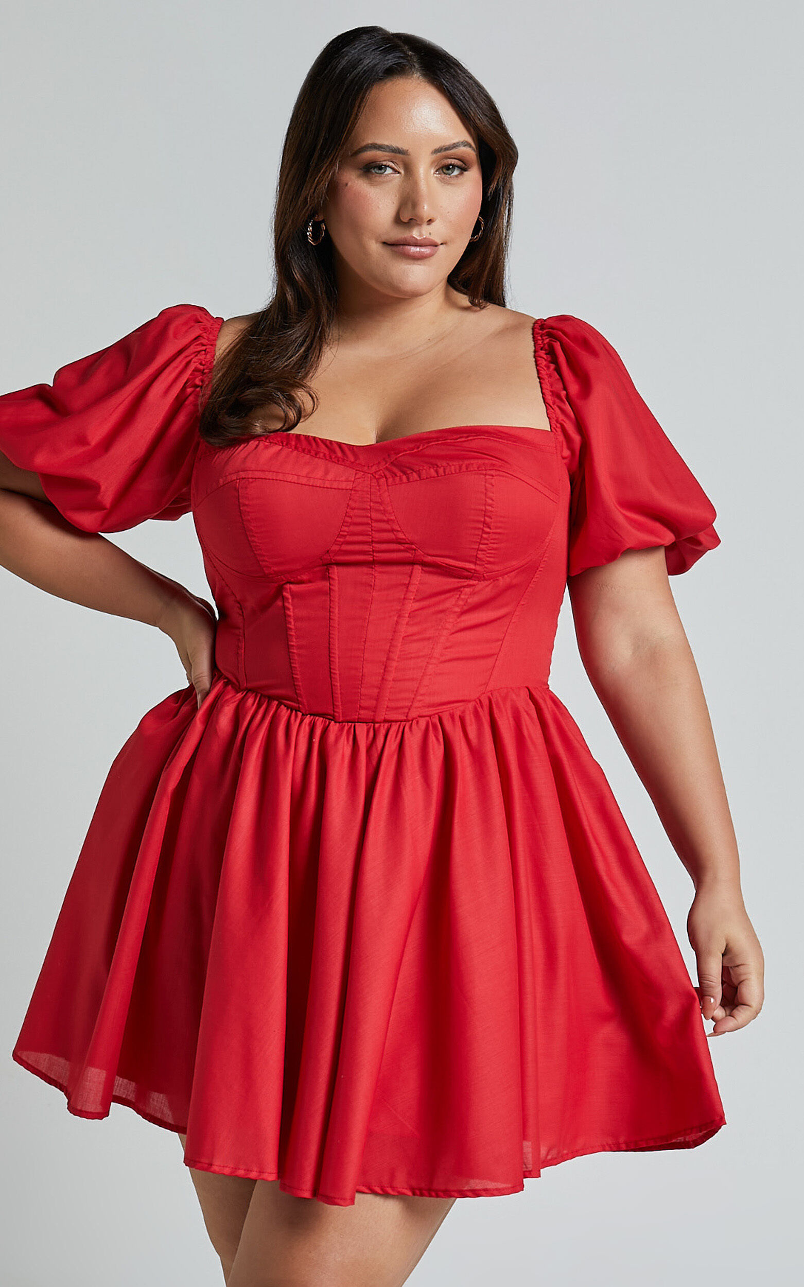 Souza Mini Dress Fit and Flare Puff Sleeve Corset Dress in Red Showpo