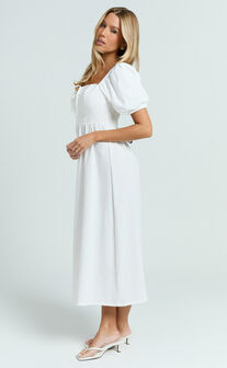 Quinn Midi Linen Blend Dress - Puff Sleeve Square Neck Dress in White