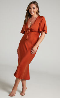 Nicholla Midi Dress - Ruched Front Angel Sleeve Slip Dress in Copper