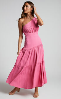 Celestia Midi Dress - Tiered One Shoulder Dress in Bright Pink