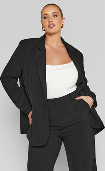 Michelle Blazer - Oversized Plunge Neck Button Up Blazer in Black