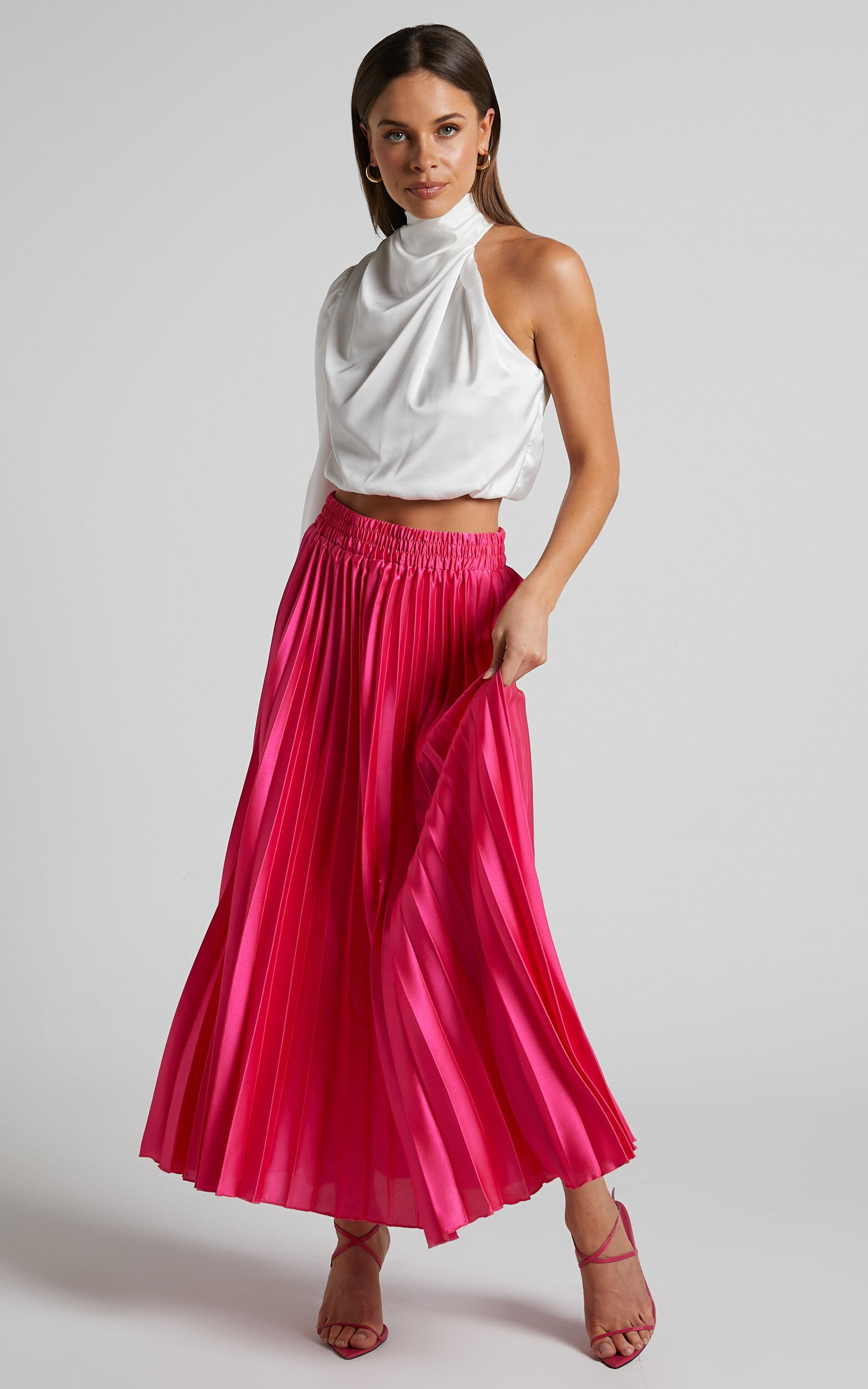 Hisui Midi Skirt A Line Pleated Skirt in Pink Showpo