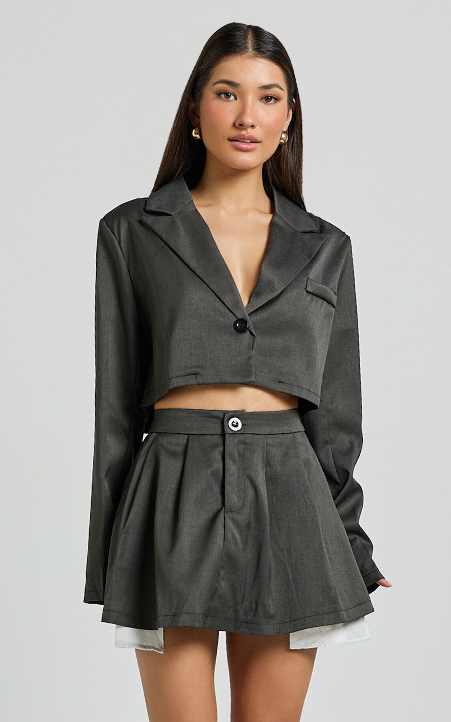 Zora Two Piece Set Cropped Blazer and Pleated Mini Skirt Set in Charcoal