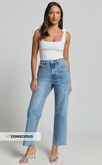 Imelda Jeans - Mid Waist Frayed Hem Recycled Denim Crop Straight Leg Jeans in Mid Blue Wash