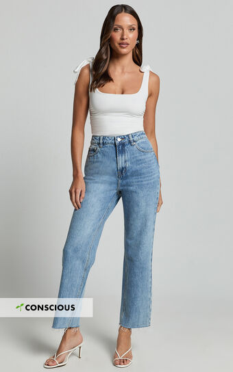 Imelda Jeans - Mid Waist Frayed Hem Recycled Denim Crop Straight Leg Jeans in Mid Blue Wash