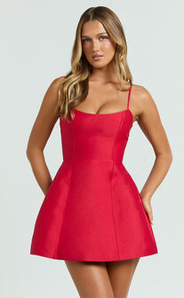 Carolina Mini Dress - Scoop Neck Panel Bodice Dress in Red