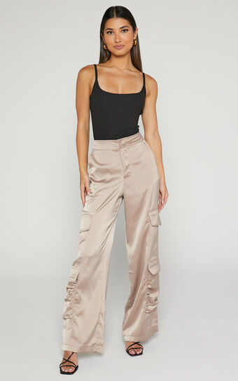 Saori Pants - Mid Rise Satin Cargo Pants in Mushroom