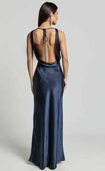 Adilah Maxi Dress - Cowl Neck Satin Dress in Navy