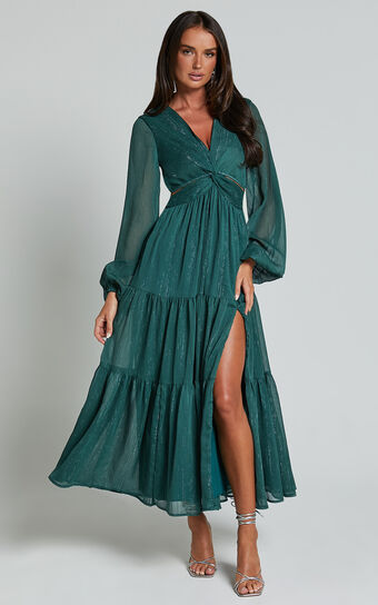 Edelyn Midi Dress  Cut Out Balloon Sleeve Tiered in Emerald