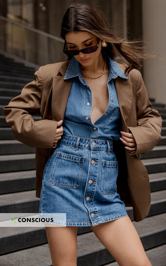 Gertrude Mini Skirt - High Waist Button Through Denim Skirt in Mid Blue Wash
