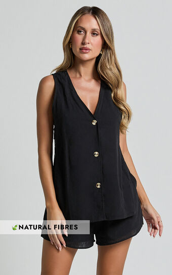 Devon Two Piece Set - Open Side Detail Top & Short Linen Look Set in Black