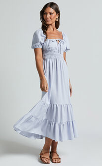 Claritza Midi Dress - Linen Look Short Puff Sleeve Square Neck Tiered Dress in Pale Blue