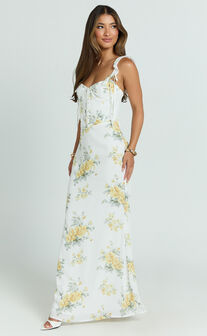 Mabel Maxi Dress - Georgette Frill Sleeve Sweetheart Bias Cut Dress in Antique Florals
