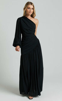 Grittah Midi Dress - One Shoulder Bishop Sleeve High Split Ruched Dress in Black