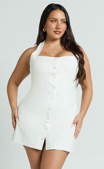 Ricki Mini Dress - Linen Halter Neck Shift Dress in White