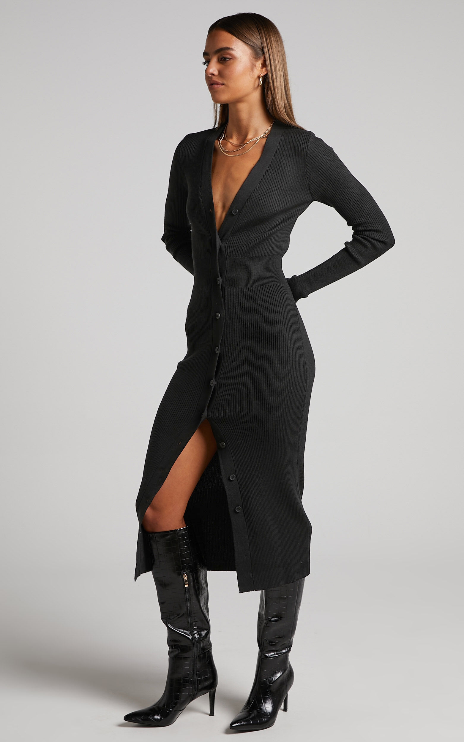 Black dress with buttons down front hotsell