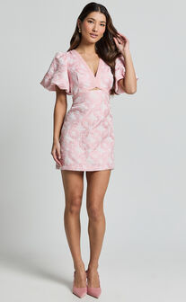 Diana Mini Dress - Jacquard Short Sleeve Cut Out Dress in Light Pink