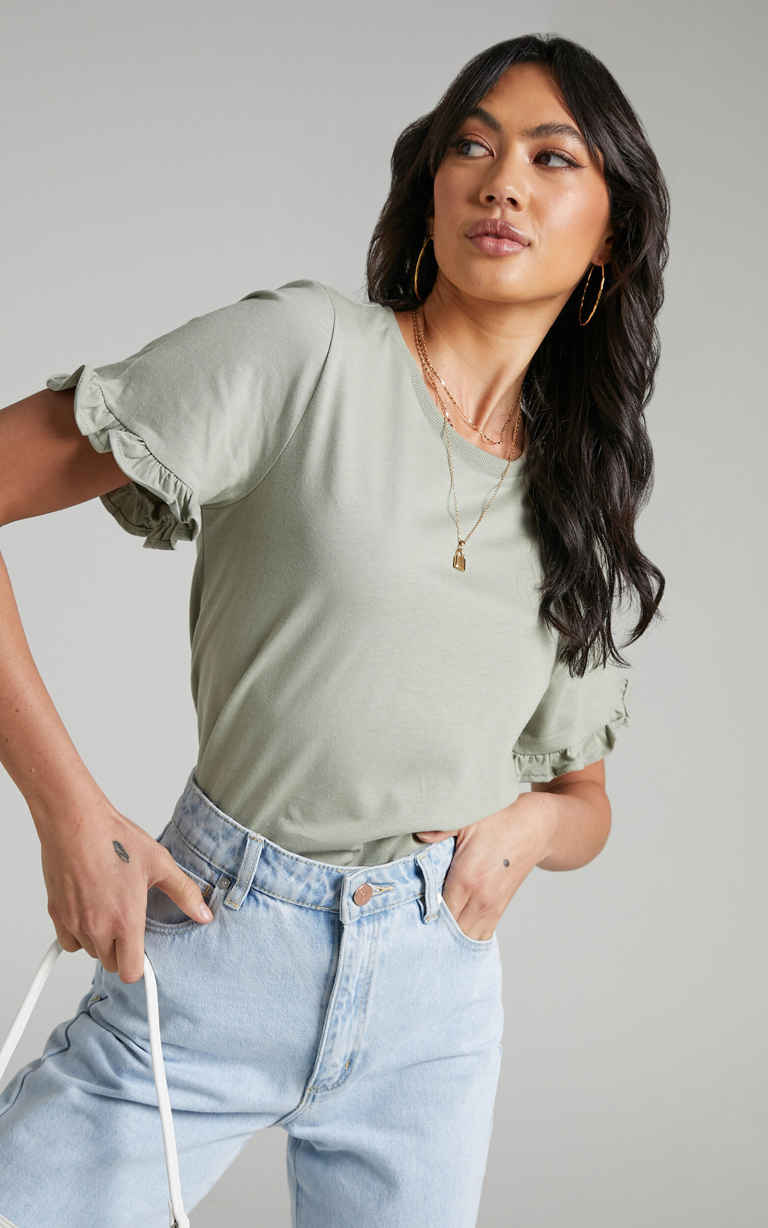 Closer To Home Tee - Ruffle Sleeve Tee in Sage - 04, GRN1