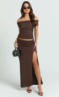Seraphine Two Piece Top and Skirt Set - Off Shoulder Top and Maxi Skirt Set in chocolate