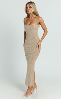 Terri Maxi Dress - Diamante Square Neck Bodycon Dress in Nude