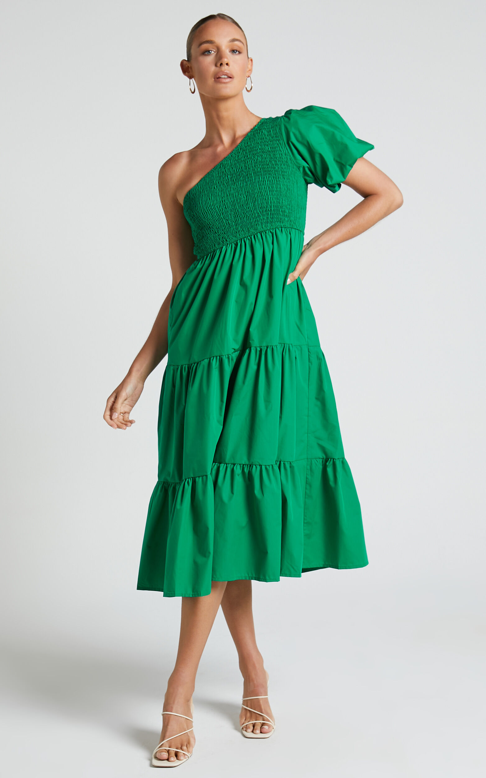 Kennedy Midi Dress - One Shoulder Puff Sleeve Shirred Dress in Green - 06, GRN1