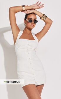 Ricki Mini Dress - Linen Halter Neck Shift Dress in White