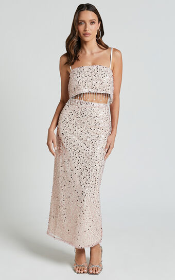 Anna Two Piece Set - Tassel Crop Top and Midi Skirt Sequin Set in Pale Pink