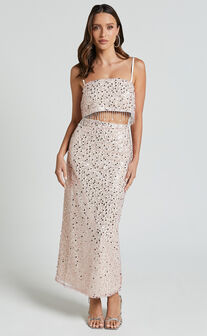 Anna Two Piece Set - Tassel Crop Top and Midi Skirt Sequin Set in Pale Pink