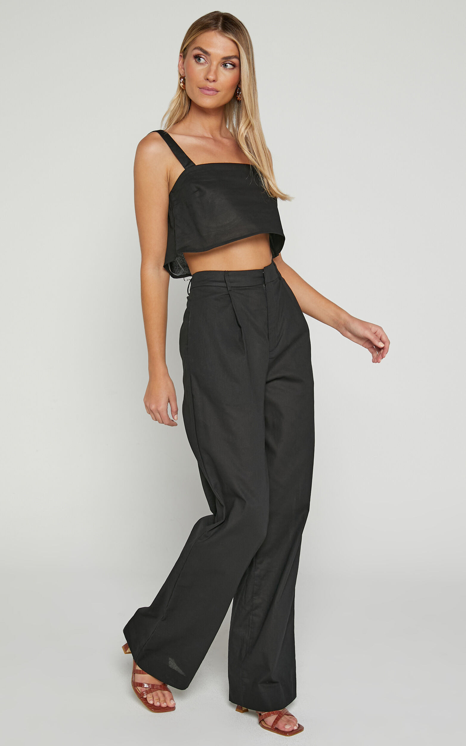 Claudina Two Piece Set - Cropped Cami Top and Relaxed Pants Set in Black