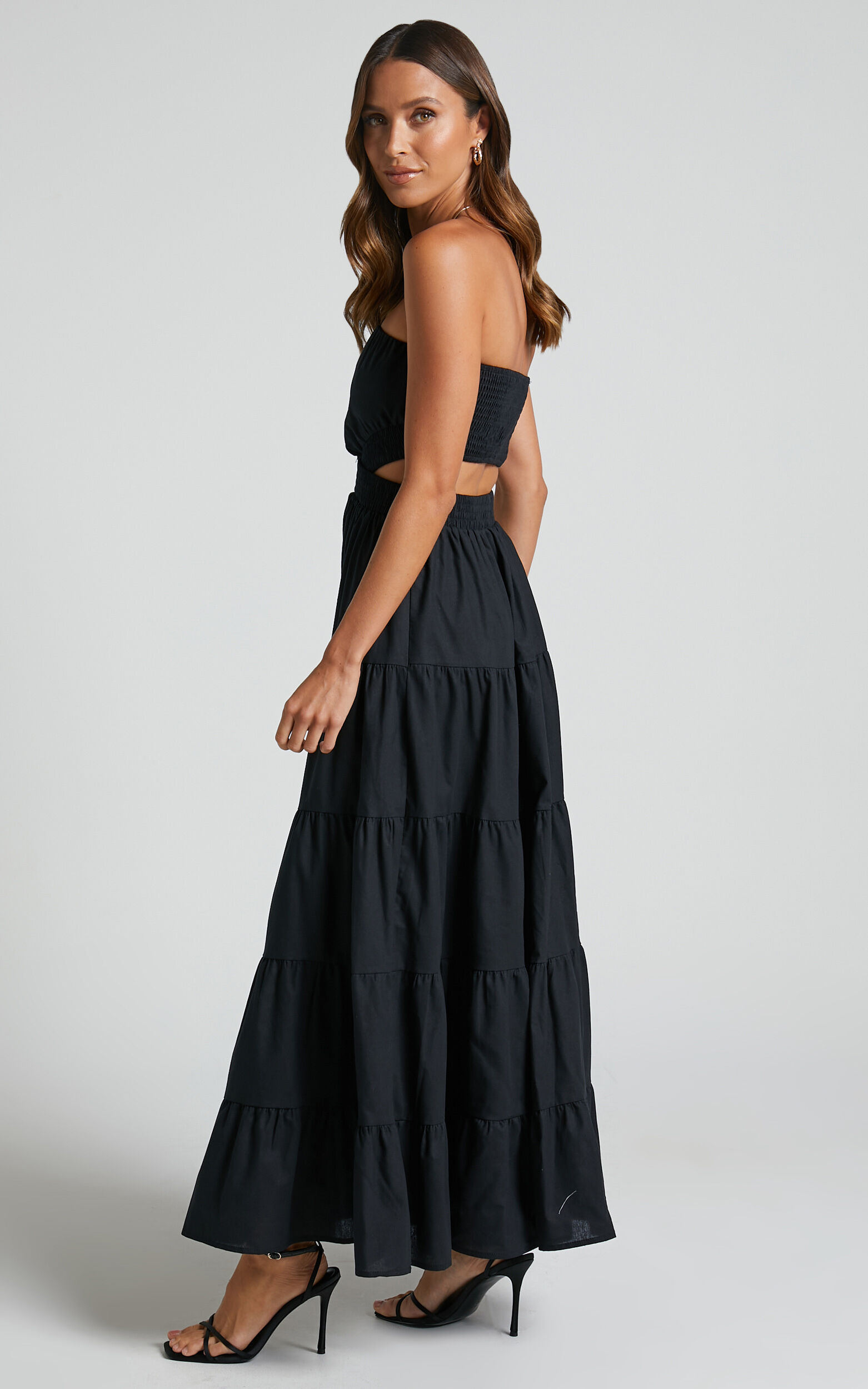Xiomara Maxi Dress Strapless Cut Out Tiered Dress in Black