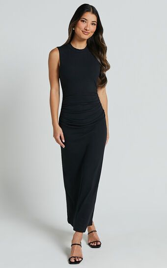 Carly Midi Dress - High Neck Ruched Dress in Black