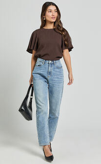 Enzo Top - Flutter Sleeve Scoop Neck Top in Dark Oak