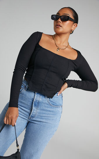 Laduree Top - Long Sleeve Corset Crop Top in Black