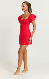 Ginny Mini Dress - Square Neck Ruched Bodice Puff Sleeve Straight Dress ...