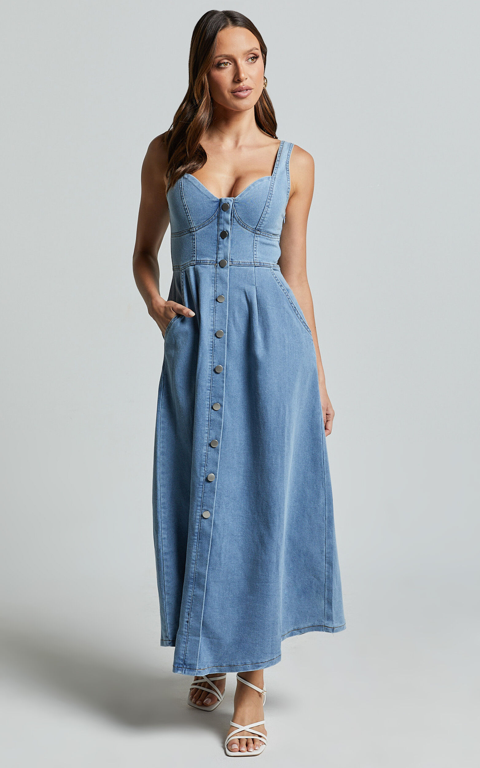 Camila Midi Dress Button Front Side Pocket Detail A Line Midi Dress in Light Blue Wash