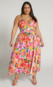 Shairah Midi Dress - Cross Back Gathered Sweetheart Dress in Bloom