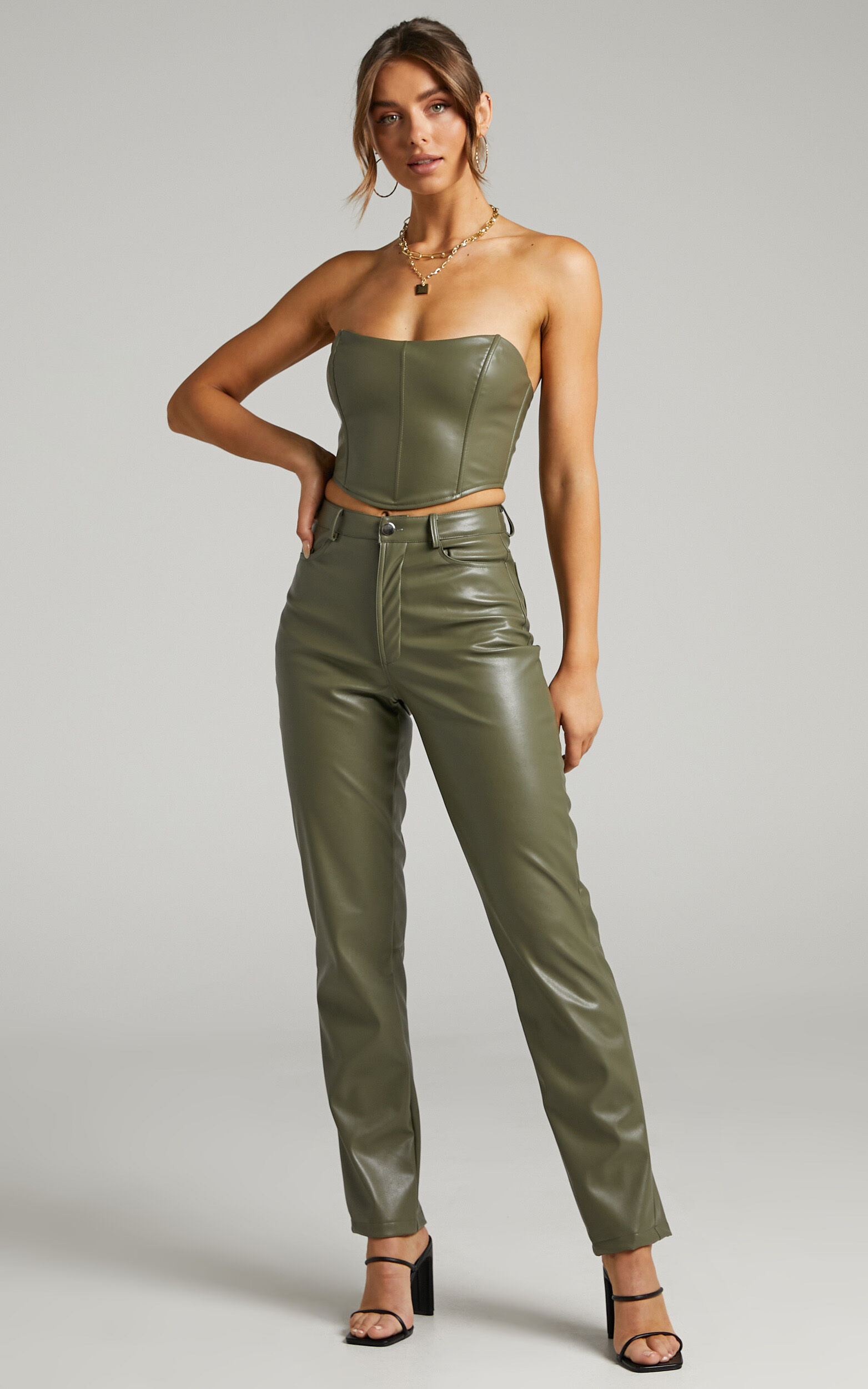 Dilyenne Pant Mid Waist Straight Leg Faux Leather Pant in Olive