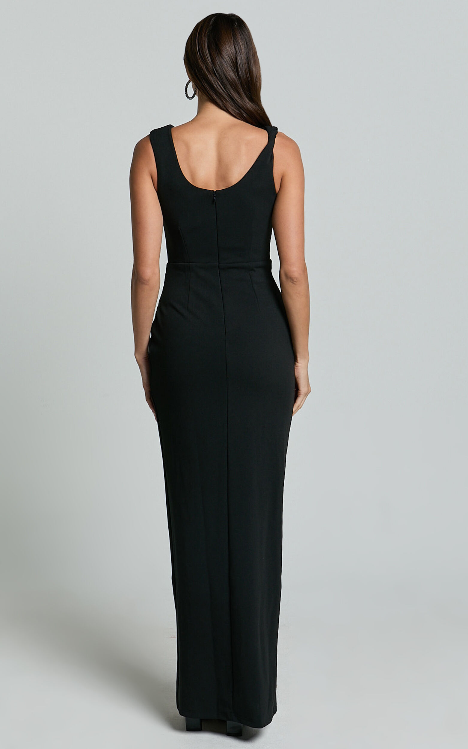 Celia Maxi Dress Twist Shoulder Bodycon Thigh Split Dress in Black Showpo