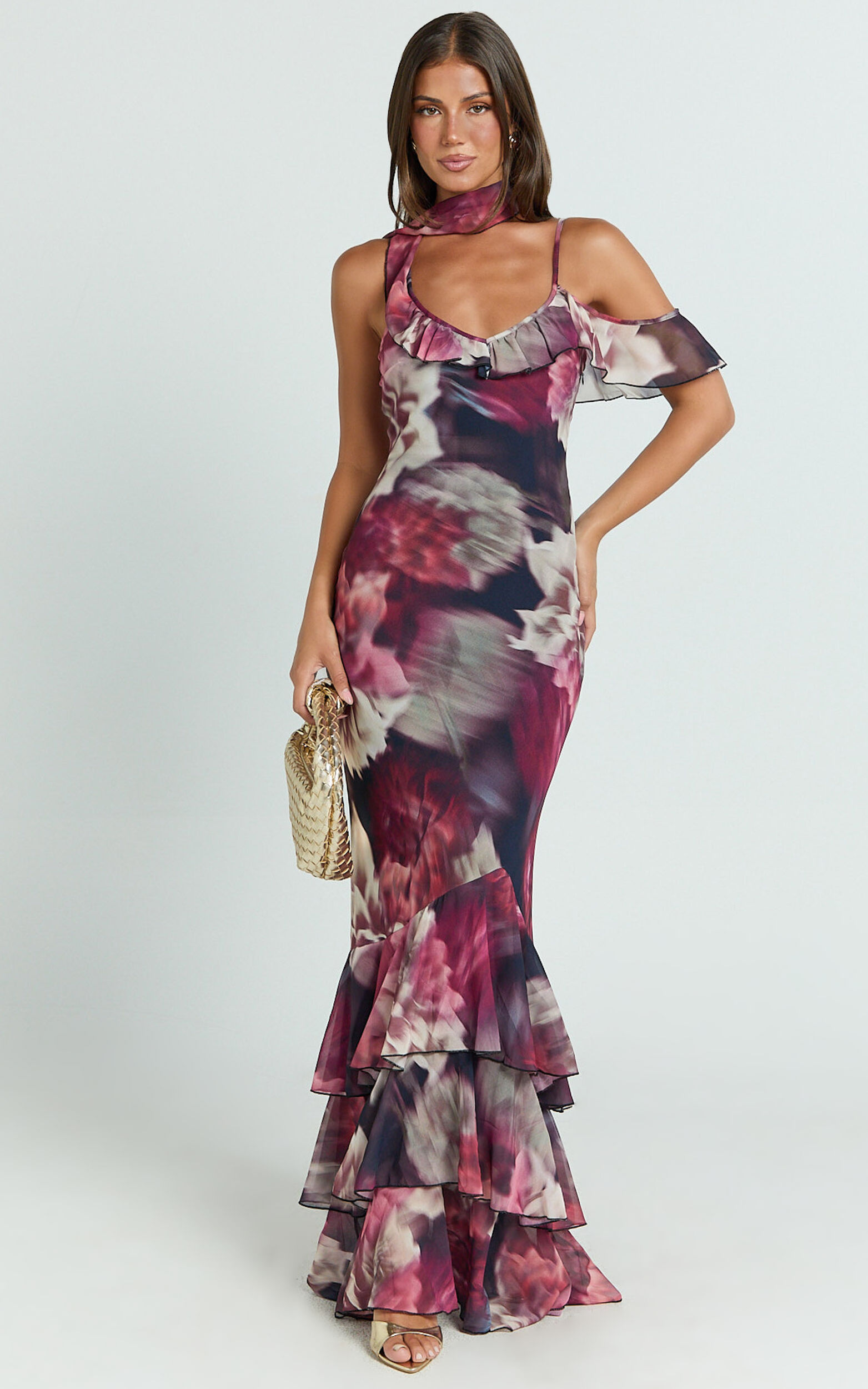 Riley Maxi Dress - Asymmetric Ruffle Detail Maxi Dress in Mariache Rose - 06, BLK1