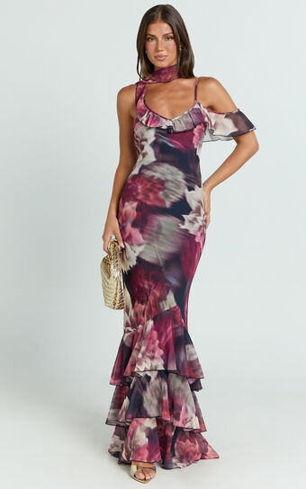 Riley Maxi Dress - Asymmetric Ruffle Detail Maxi Dress in Mariache Rose
