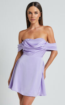 Clarinde Mini Dress - Off Shoulder Gathered Bodice in Lilac