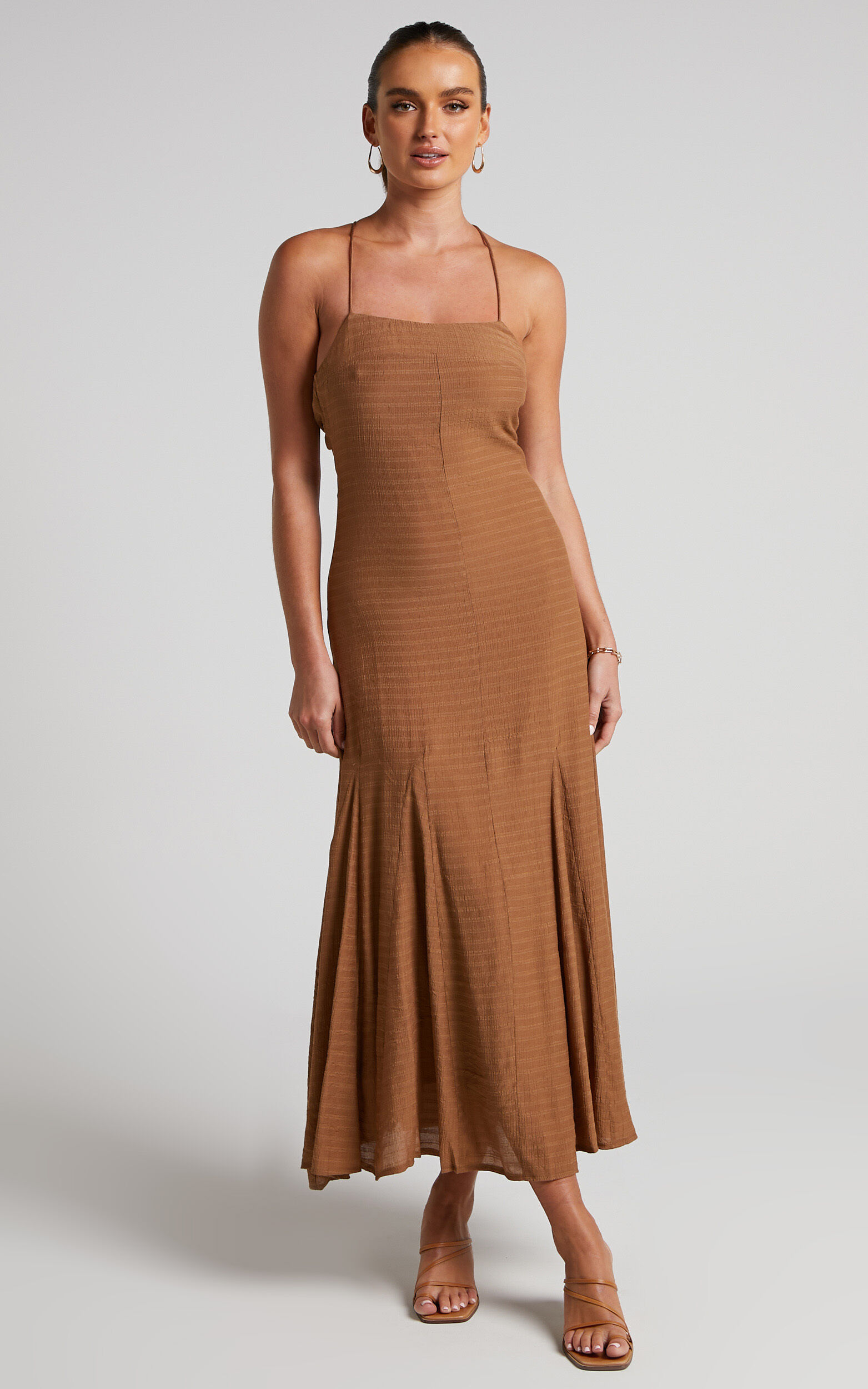 Romarie Midi Dress - Tie Back Slip Dress in Brown - 06, BRN2