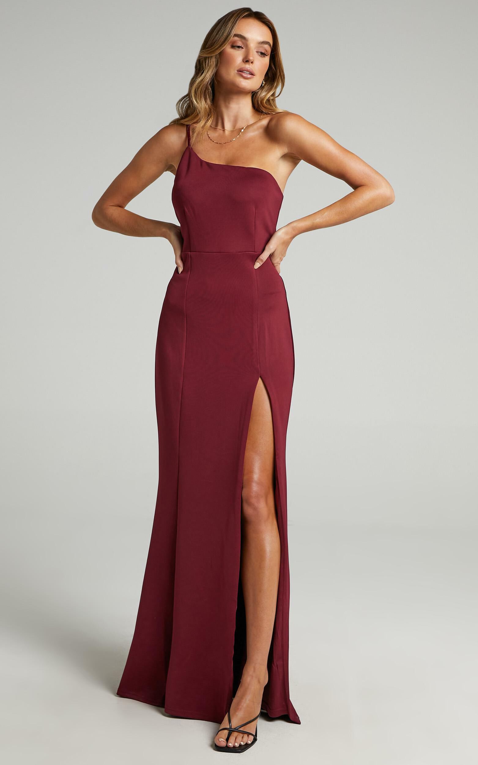 No Ones Fault Midi Dress - One Shoulder Thigh Split Dress in Wine | Showpo