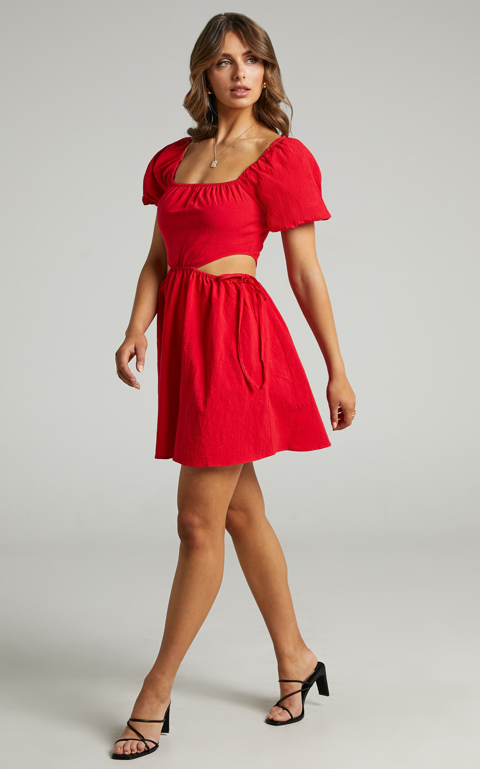 Loriella Waist Cut Out Skater Skirt Dress in Red