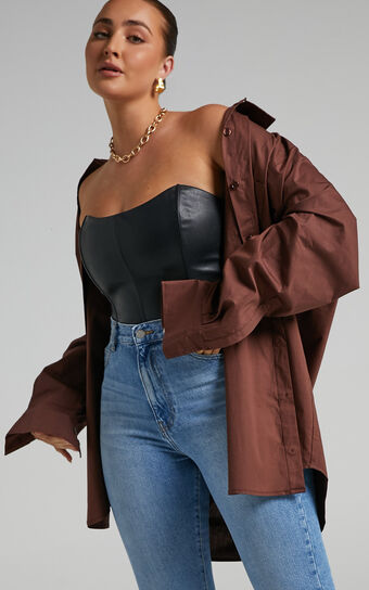 Janaya Mini Dress - Long Sleeve Shirt Dress in Chocolate