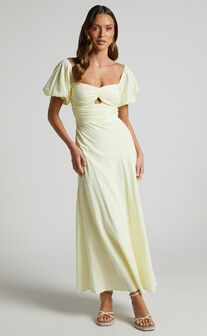 Vynna Midi Dress - Scoop Neck Puff Sleeve Ruched Bust A Line Dress in Butter Yellow