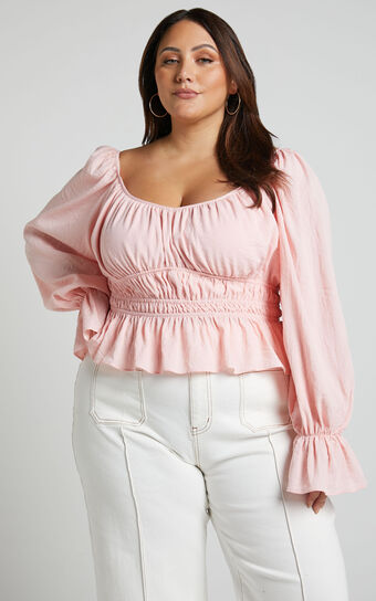 Isa Top - Long Sleeve Elastic Detail Ruched Waist Top in Dusty Pink