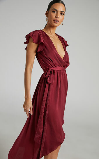Novera Midi Dress - Frill Sleeve Wrap Dress in Wine