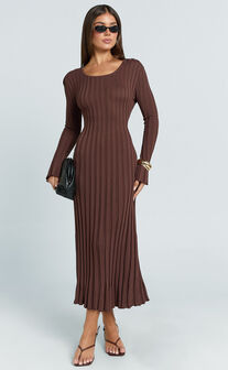 Blaire Midi Dress - Long Sleeve Tie Back Flare Dress in Dark Chocolate